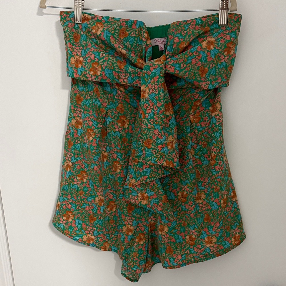 Pink Lily Green Floral Strapless Romper with Tie